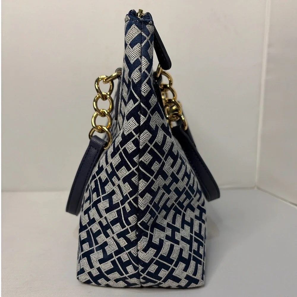 Tommy Hilfiger Navy White Geometric Logo Jacquard Tote Bag Gold Chain Straps